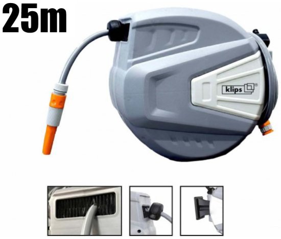 גלגלת השקייה אוטומטית עם חזרה מבוקרת ומעצור 25 מטר מבית Klips