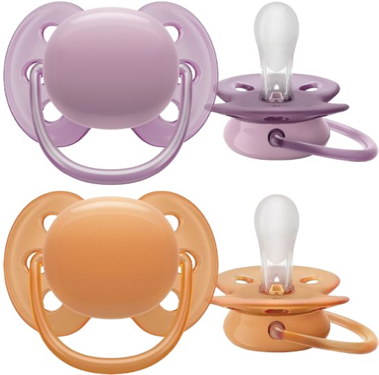 זוג מוצצי סיליקון 6-18 חודשים Avent Ultra Soft - צבע סגול / כתום