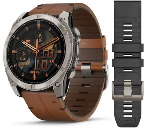 שעון חכם Garmin Fenix 8 AMOLED Sapphire 51mm - טיטניום עם רצועת עור בצבע ערמון - כולל תמיכה מלאה בעברית - אחריות יבואן רשמי על ידי רונלייט