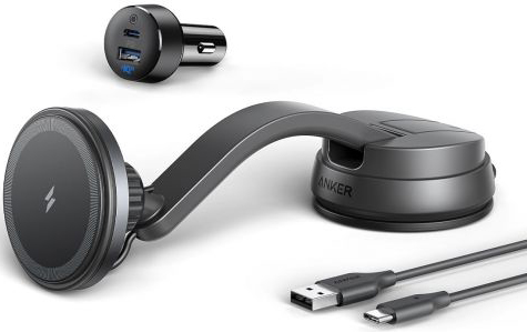 מציאון ועודפים - מעמד טעינה מגנטי אלחוטי לרכב כולל כבל טעינה ומטען לרכב עם 2 יציאות Anker MagGo - צבע שחור