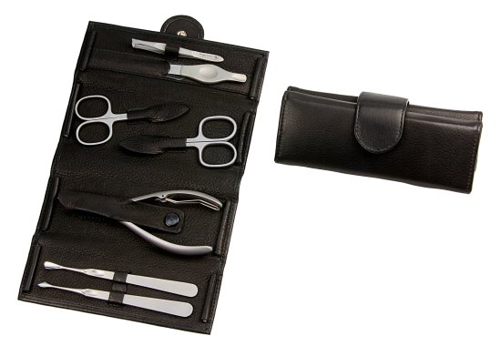 סט מניקור פדיקור 7 חלקים בגימור משויף סדרת Nobel & Steel מבית HK - נרתיק עור שחור