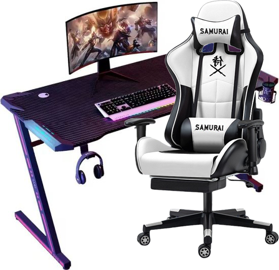 באנדל שולחן גיימינג דגם סמוראי שחור עם תאורת RGB + כיסא גיימינג סמוראי לבן כולל כרית עיסוי חשמלית מבית Multi Garden