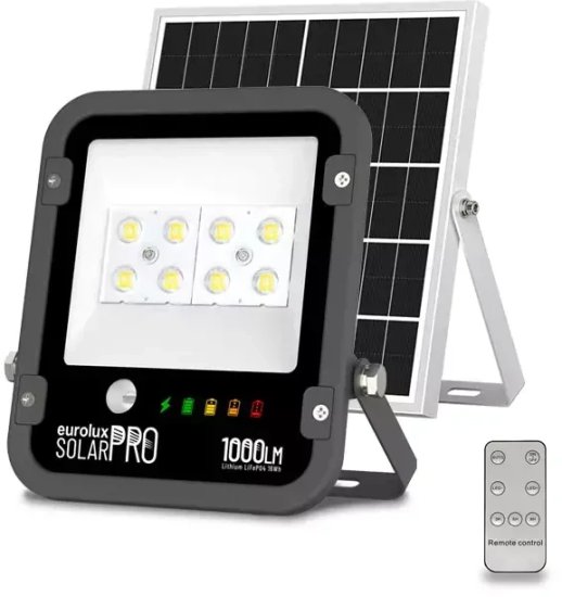 פנס הצפה סולארי LED עם שלט Eurolux LifePO4 20W IP65 - צבע שחור גוון אור 5700K