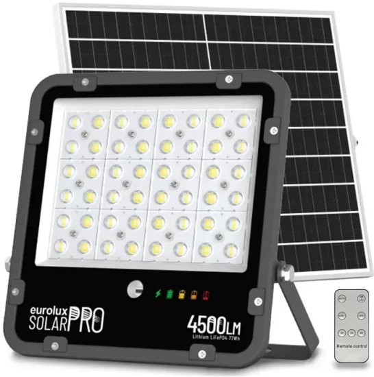 פנס הצפה סולארי LED עם שלט Eurolux LifePO4 100W IP65 - צבע שחור גוון אור 5700K