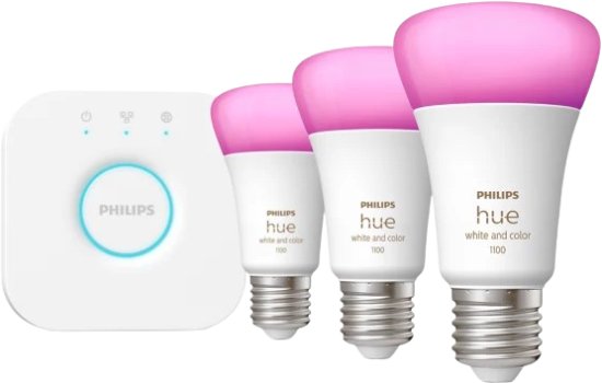 ערכת 3 נורות E27 חכמה צבעונית וגוון אור לבן 2000K-6500K עד 1100 לומן  + מגשר חכם Hue Bridge