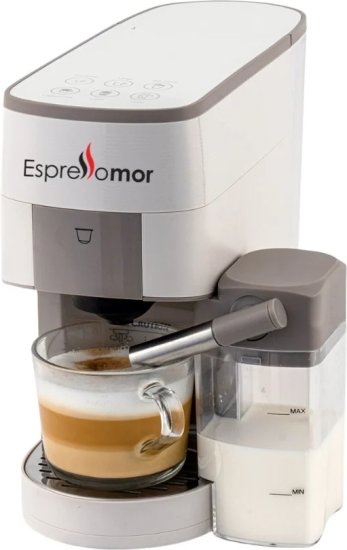 מכונת קפה + מקציף חלב דגם Universal Touch מבית Espresso Mor - צבע לבן