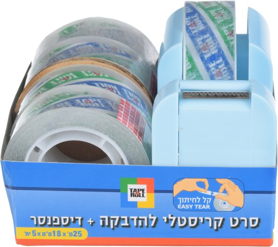 מארז 5 גלילי דבק סלוטייפ שקוף 18 מ''מ באורך 25 מ' + דיספנסר מבית TAPE&ROLL