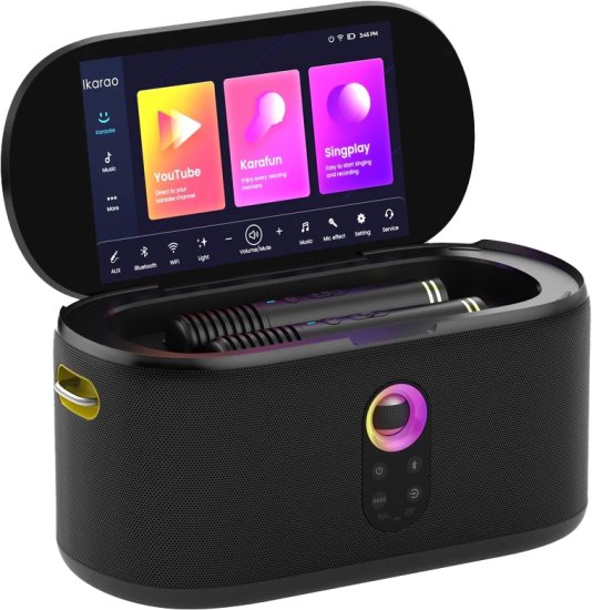 רמקול אלחוטי נייד לקריוקי ומסיבות עם מסך HD 10.1 אינץ' דגם Shell S1 מבית Ikarao - מגיע עם 2 מיקרופונים אלחוטיים