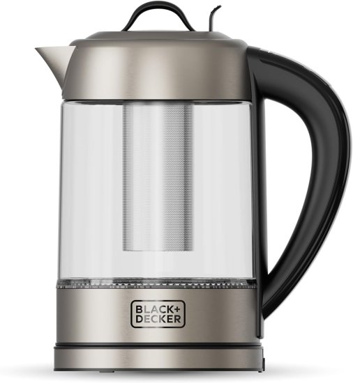 קומקום זכוכית חכם בנפח 1.7 ליטר עם תאורת לד ומסנן חליטה נשלף Black+Decker BXKE2205E 2200W - צבע שקוף / נירוסטה - שנתיים אחריות יבואן רשמי