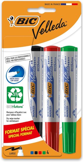 חבילת 4 טושים ללוח מחיק ראש עגול BIC Velleda Ecolutions Fine