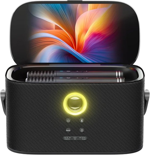 רמקול אלחוטי נייד לקריוקי ומסיבות עם מסך HD 8 אינץ' דגם Shell S2 מבית Ikarao - מגיע עם 2 מיקרופונים אלחוטיים