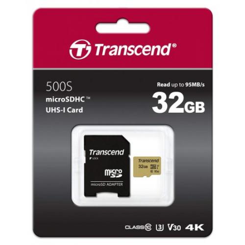 אונליין   Transcend 500S Micro SDHC UHS-I U3 TS32GUSD500S -  32GB