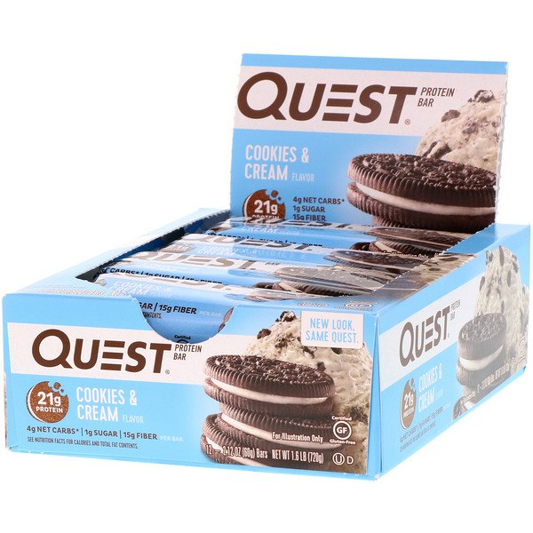 Quest Nutrition‏, חטיף חלבונים, קרם עוגיות, 12 חטיפים, 60 גר' (2.12 oz) כל אחד, הזמנה מאייהרב – iHerb