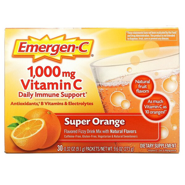 Emergen-C‏, Vitamin C, Flavored Fizzy Drink Mix, Super Orange, 1,000 mg, 30 Packets, 0.32 oz (9.1 g) Each, הזמנה מאייהרב – iHerb
