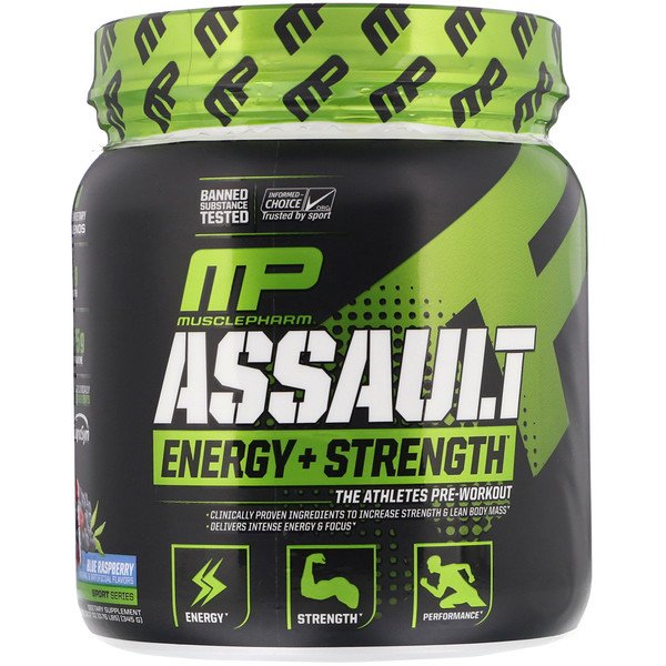 MusclePharm‏, Assault Energy + Strength, Pre-Workout, Blue Raspberry, 12.17 oz (345 g), הזמנה מאייהרב – iHerb