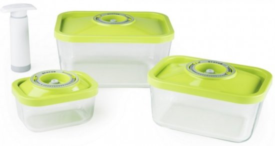 סט 3 קופסאות אחסון זכוכית בוואקום עמוק כולל משאבת וואקום ידנית Status - צבע ירוק