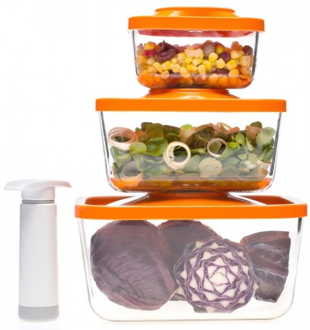 סט 3 קופסאות אחסון זכוכית בוואקום עמוק כולל משאבת וואקום ידנית Status - צבע כתום