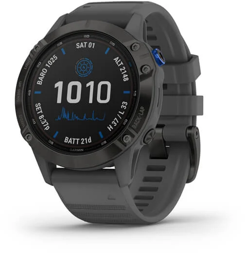 שעון חכם Garmin Fenix 6 Pro Solar Edition 47mm - צבע שחור עם רצועה אפורה  - כולל תמיכה מלאה בעברית - שנתיים אחריות יבואן רשמי על ידי רונלייט