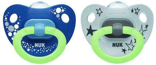 זוג מוצצים זוהרים בחושך 0-6 חודשים Nuk Happy Nights - צבע סגול/אפור