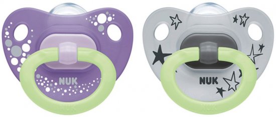 זוג מוצצים זוהרים בחושך 6-18 חודשים Nuk Happy Nights - צבע סגול/אפור