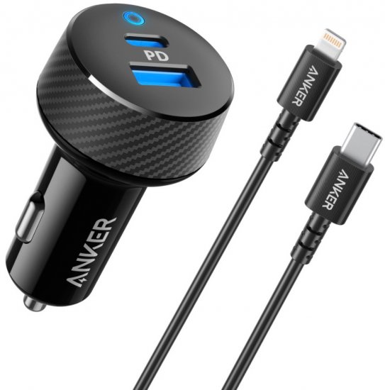 מטען כפול מהיר לרכב Anker PowerDrive Classic 30W + כבל Type-C ל- Lightning