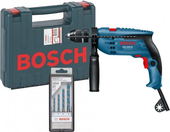 מקדחה רוטטת Bosch GSB 1600 RE + מזוודה קשיחה + סט מקדחים רב שימושי Bosch