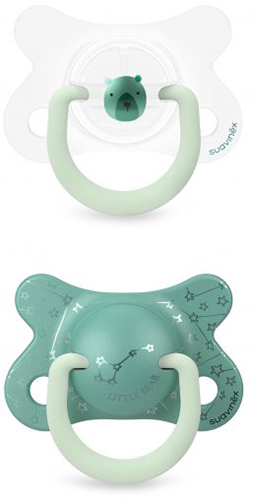 זוג מוצצים מסיליקון פיוז'ן 2-4 חודשים קולקציית זוהרים בחושך מבית Suavinex - צבע דב ירוק