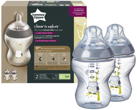 2 בקבוקי האכלה 260 מ''ל Tommee Tippee Closer To Nature - צבע שקוף ינשוף