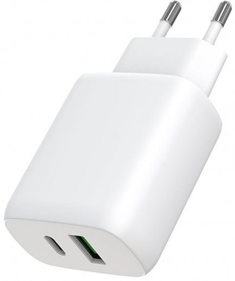 מטען קיר Power-Tech USB-Type C + USB-A 25W צבע לבן