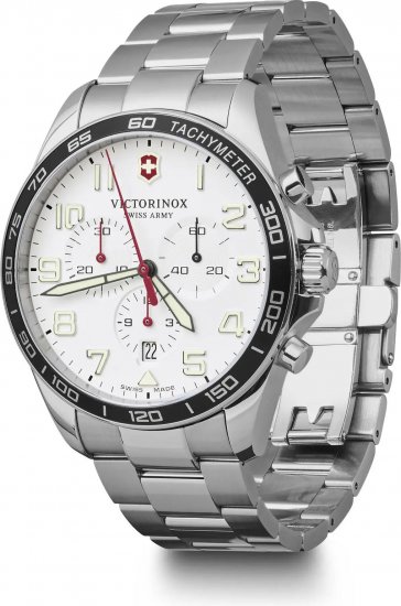 שעון יד אנלוגי לגברים עם רצועת Stainless Steel כסופה Victorinox Swiss Army 241856  Fieldforce Chrono - צבע לבן