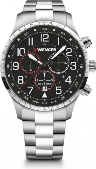 שעון יד אנלוגי לגברים עם רצועת Stainless Steel כסופה Wenger ATTITUDE Chrono - צבע שחור