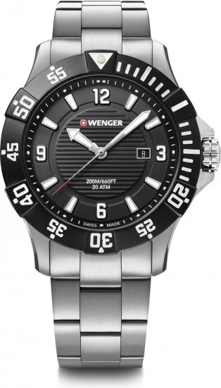 שעון יד אנלוגי לגברים עם רצועת Stainless Steel כסופה Wenger SEAFORCE - צבע שחור