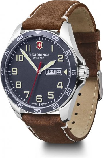 שעון יד אנלוגי לגברים עם רצועת עור חומה Victorinox Swiss Army 241848 Fieldforce - צבע כחול