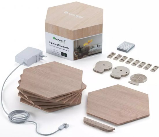 ערכת בסיס לוחות תאורה חכמים במראה עץ Nanoleaf Elements  - צורת משושה - 7 יחידות