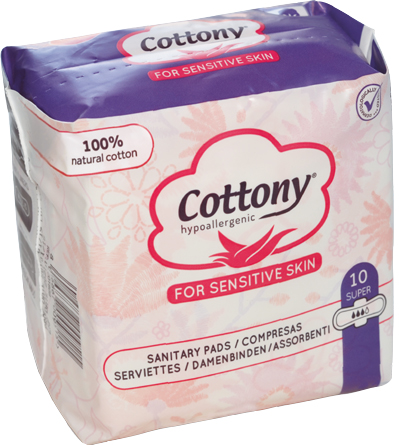 תחבושות עם כנפיים לספיגה מוגברת 100% כותנה Cottony לעור רגיש - סך הכל 10 יחידות