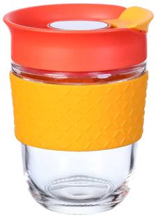 כוס שתייה חמה/קרה מזכוכית עם מכסה ורצועת שעם רחבה Everyday Lite מבית HY3 צבע כתום 360 מ''ל