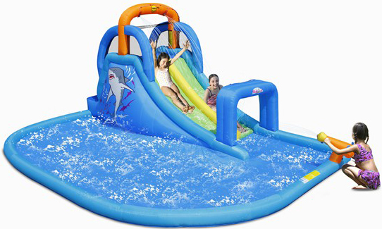 מתקן מים מתנפח עם תותח מים ומגלשה כפולה מבית Happy Hop - הכריש השמח