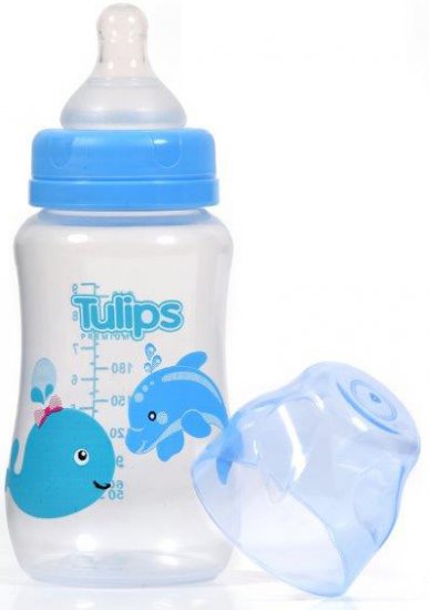 בקבוק האכלה עם פיה רחבה בנפח 250 מ''ל מבית Tulips - צבע ורוד עם ציורים