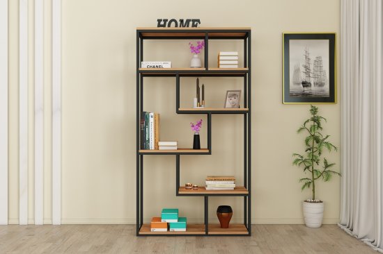 כוננית ספריה 6 מדפים 180X90 דגם הילה Tudo Design - גוון ברזל מושחר ואורן אטלנטי