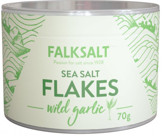 שבבי מלח ים בטעם שום בר מבית Falksalt - משקל 70 גרם