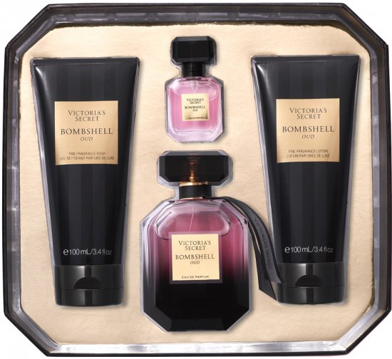 מארז בושם לאישה 50 מ''ל Victoria's Secret Bombshell Oud + בושם 7.5 מ''ל או דה פרפיום E.D.P + קרם גוף 100 מ''ל + ג'ל רחצה 100 מ''ל