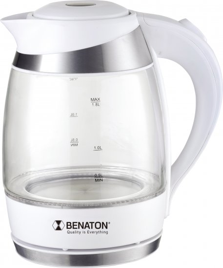 קומקום זכוכית חשמלי בריאותי לחימום מהיר 1.8 ליטר Benaton BT-8023 2200W - צבע לבן