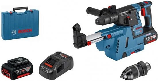 פטישון נטען עם Kick Back Control ושואב אבק מובנה + 2 סוללות 6.0Ah + תפסנית מהירה 13 מ''מ+ מזוודה Bosch GBH 18V-26 F + GDE 18V-16