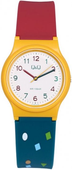 שעון יד אנלוגי לילדים עם רצועת סיליקון דו-גווני Q&Q VP46J050Y - צבע אדום / כחול / צהוב