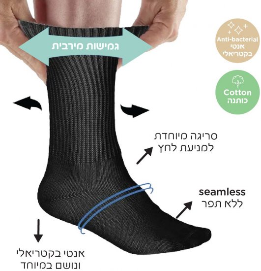 מארז 2 זוגות גרבי סוכרת אנטי בקטריאלים Pulliez מידה 36-47 צבע שחור ואפור