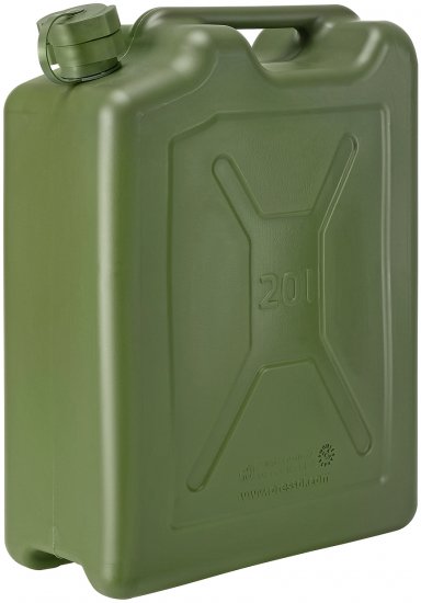 מיכל דלק 20 ליטר פלסטיק תצורה צבאית + משפך גמיש Pressol - צבע ירוק