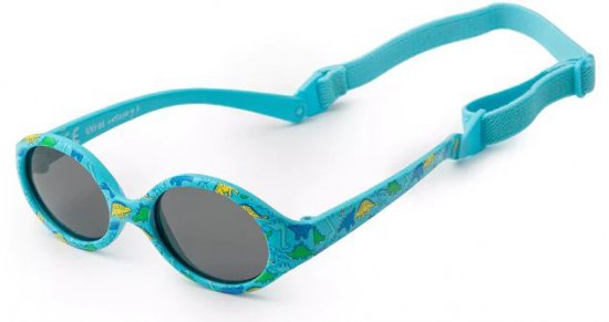 משקפי שמש לתינוקות בגילאי 0-24 חודשים דגם Baby Adventure מבית Kiddus - צבע תכלת ואיור דינוזאורים