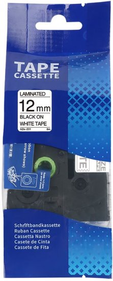 סרט תוויות AZe-231 למדפסת Printech E1000PRO רוחב 12 מ''מ אורך 8 מ' שחור על לבן