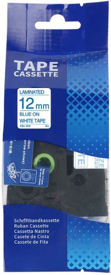 סרט תוויות AZe-233 למדפסת Printech E1000PRO רוחב 12 מ''מ אורך 8 מ' כחול על לבן