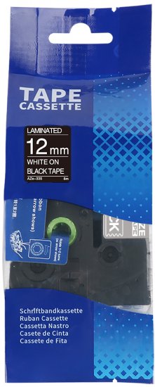 סרט תוויות AZe-335 למדפסת Printech E1000PRO  רוחב 12 מ''מ אורך 8 מ' לבן על שחור